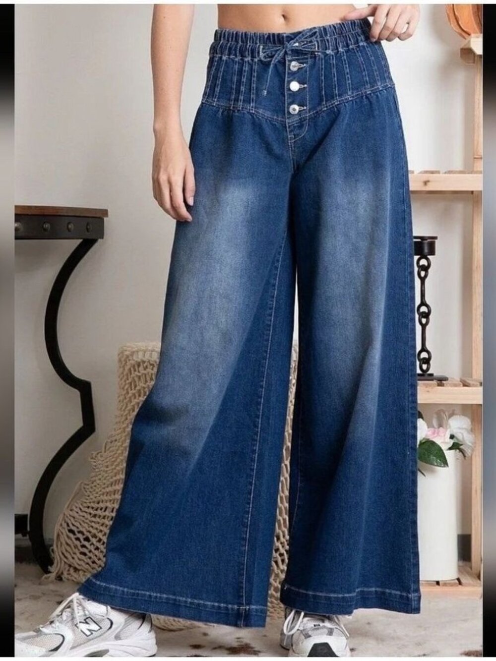 BlueVelvet Women's Denim Wide Leg Elastic Waist Boho Pant Drawstring Size XL